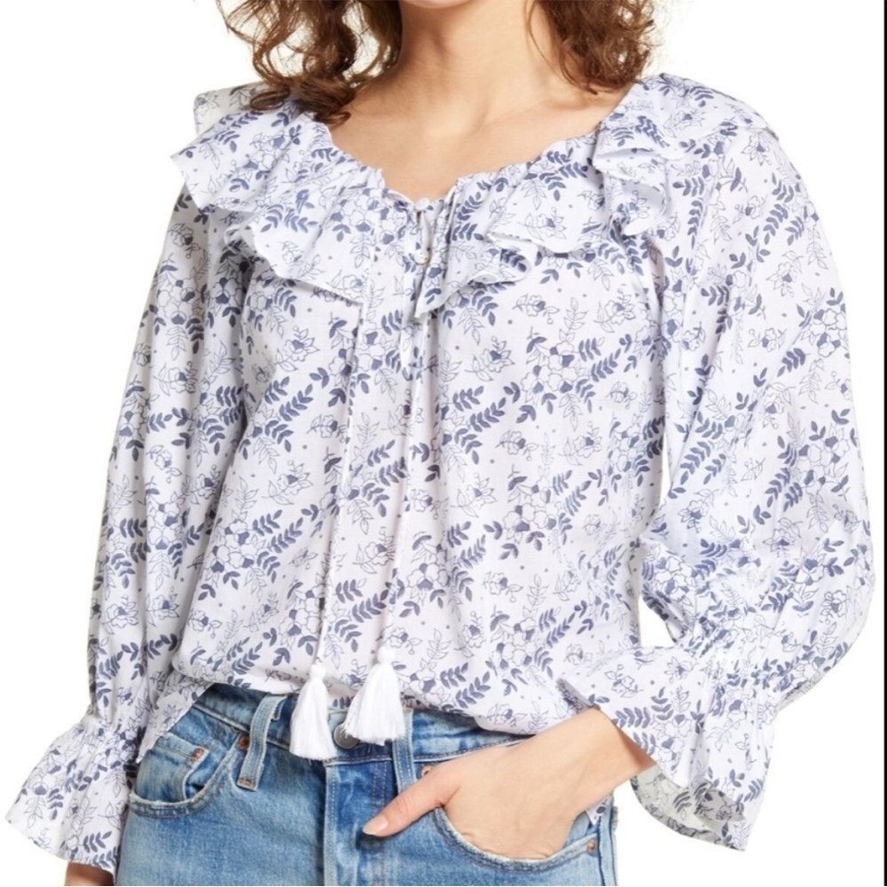 Cleobella Poppy Floral Ruffle Top Size Medium Killarney Print Cotton Blue
